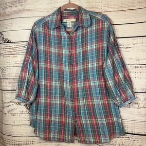 Roaman's 3/4 length sleeve Plaid Button Down Shirt with pintucking
